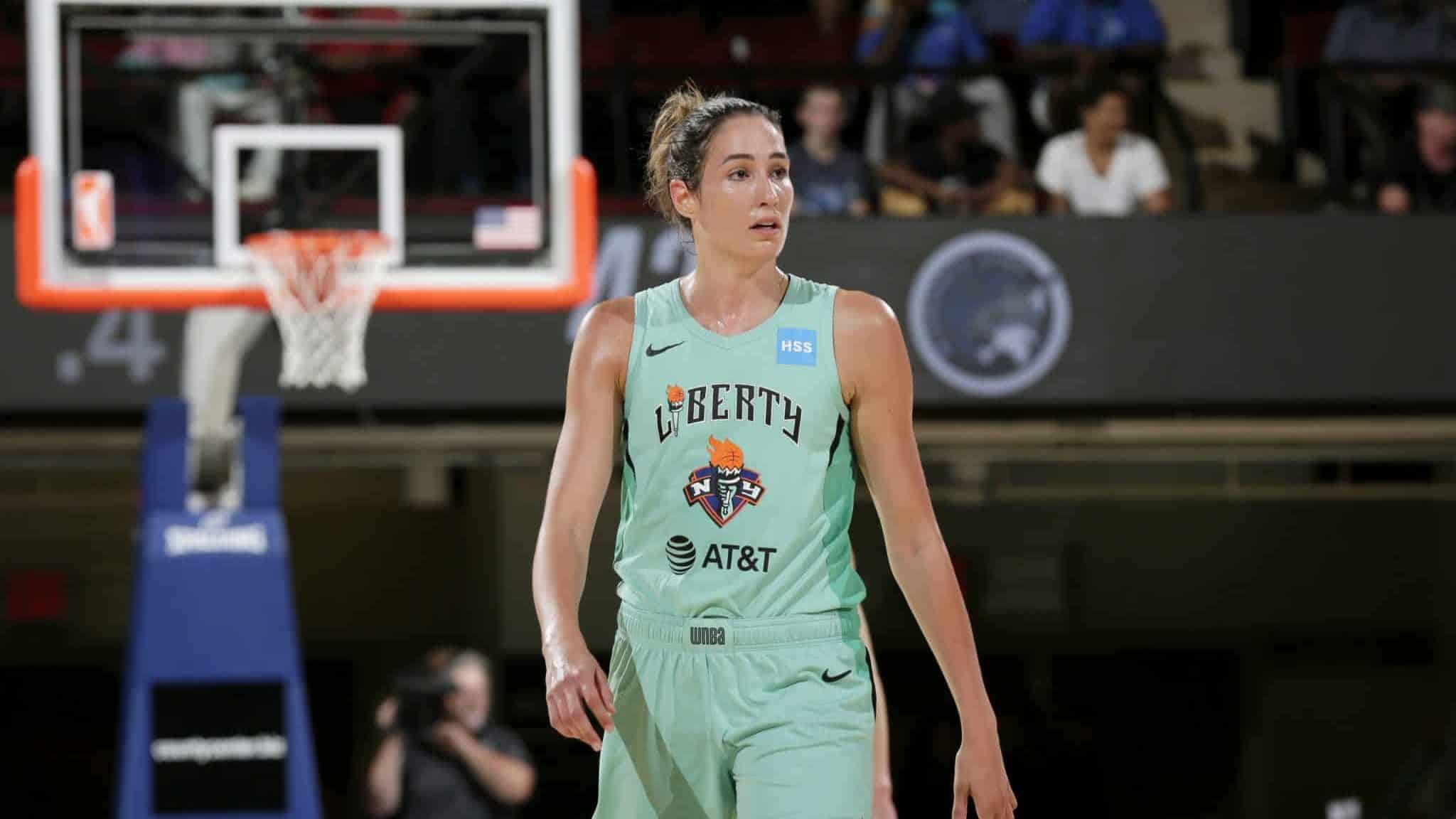 WHITE PLAINS, NY- AUGUST 13: Rebecca Allen #9 of the New York Liberty looks on. during the game against the Minnesota Lynx on August 13, 2019 at the Westchester County Center, in White Plains, New York. NOTE TO USER: User expressly acknowledges and agrees that, by downloading and or using this photograph, User is consenting to the terms and conditions of the Getty Images License Agreement. Mandatory Copyright Notice: Copyright 2019 NBAE