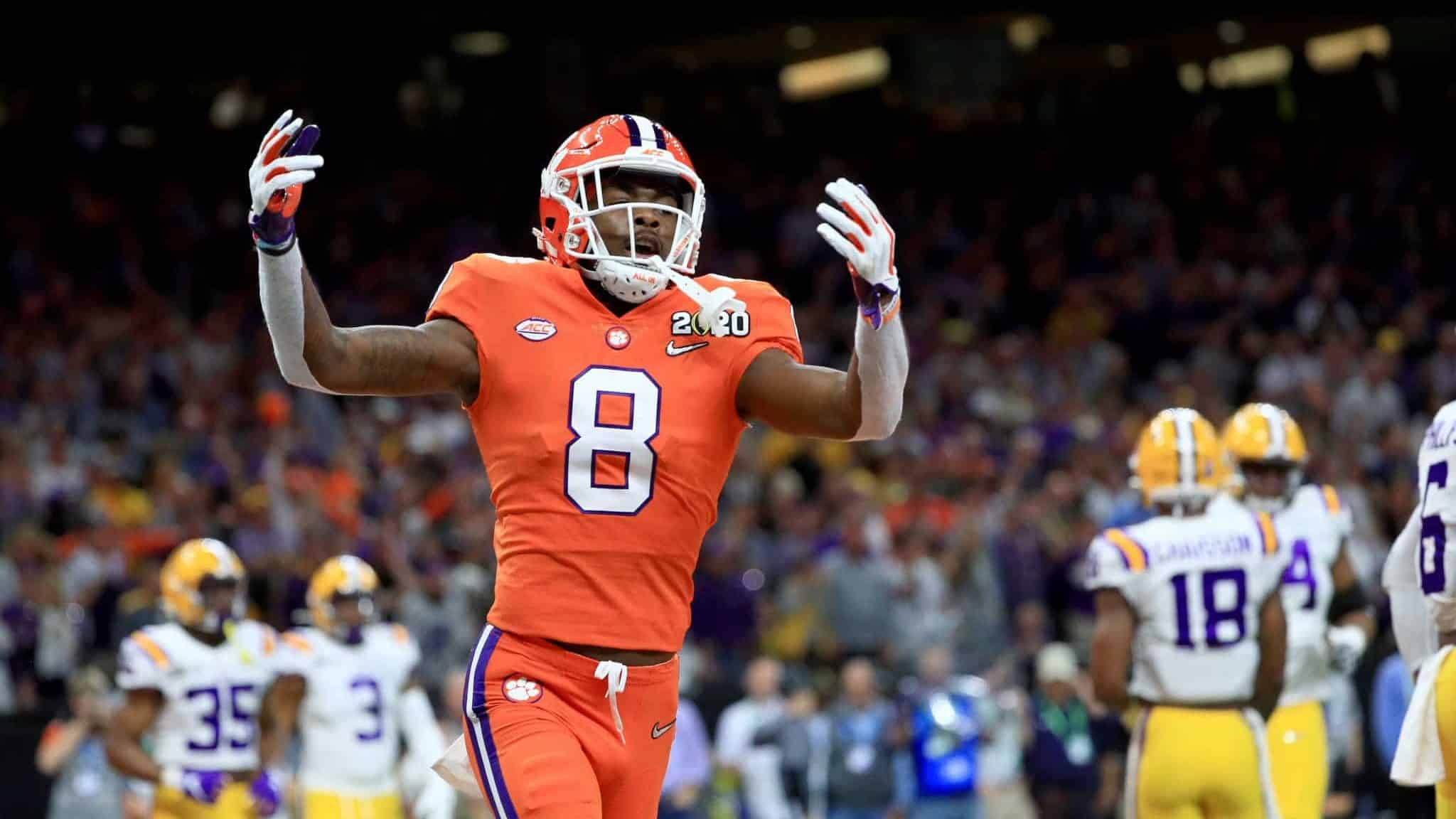 NEW ORLEANS, LOUISIANA - JANUARY 13: A.J. Terrell #8 of the Clemson Tigers celebrates against the LSU Tigers in the College Football Playoff National Championship game at Mercedes Benz Superdome on January 13, 2020 in New Orleans, Louisiana.