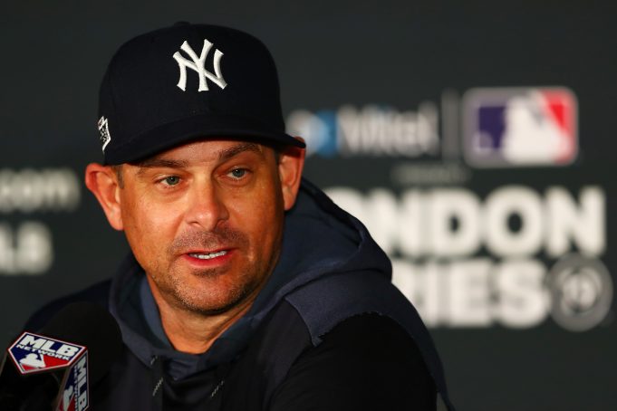 LONDON, ENGLAND - JUNE 28: New York Yankees manager Aaron Boone speaks with members of the media during a press conference ahead of the MLB London Series games between Boston Red Sox and New York Yankees at London Stadium on June 28, 2019 in London, England.