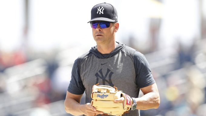 WEST PALM BEACH, FLORIDA - MARCH 12: Manager Aaron Boone of the New York Yankees looks on prior to a Grapefruit League spring training game against the Washington Nationals at FITTEAM Ballpark of The Palm Beaches on March 12, 2020 in West Palm Beach, Florida.