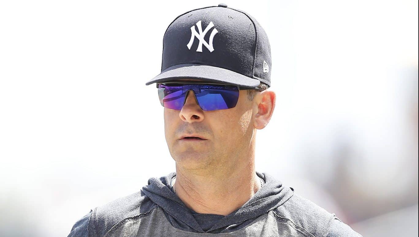 WEST PALM BEACH, FLORIDA - MARCH 12: Manager Aaron Boone of the New York Yankees looks on prior to a Grapefruit League spring training game against the Washington Nationals at FITTEAM Ballpark of The Palm Beaches on March 12, 2020 in West Palm Beach, Florida.