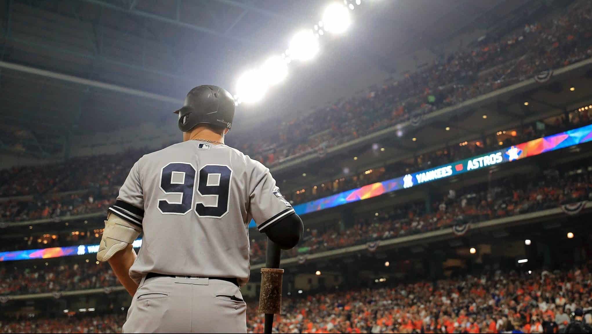 HOUSTON, TEXAS - OCTOBER 12: Aaron Judge #99 of the New York Yankees stands in the on deck circle against the Houston Astros during the first inning in game one of the American League Championship Series at Minute Maid Park on October 12, 2019 in Houston, Texas.