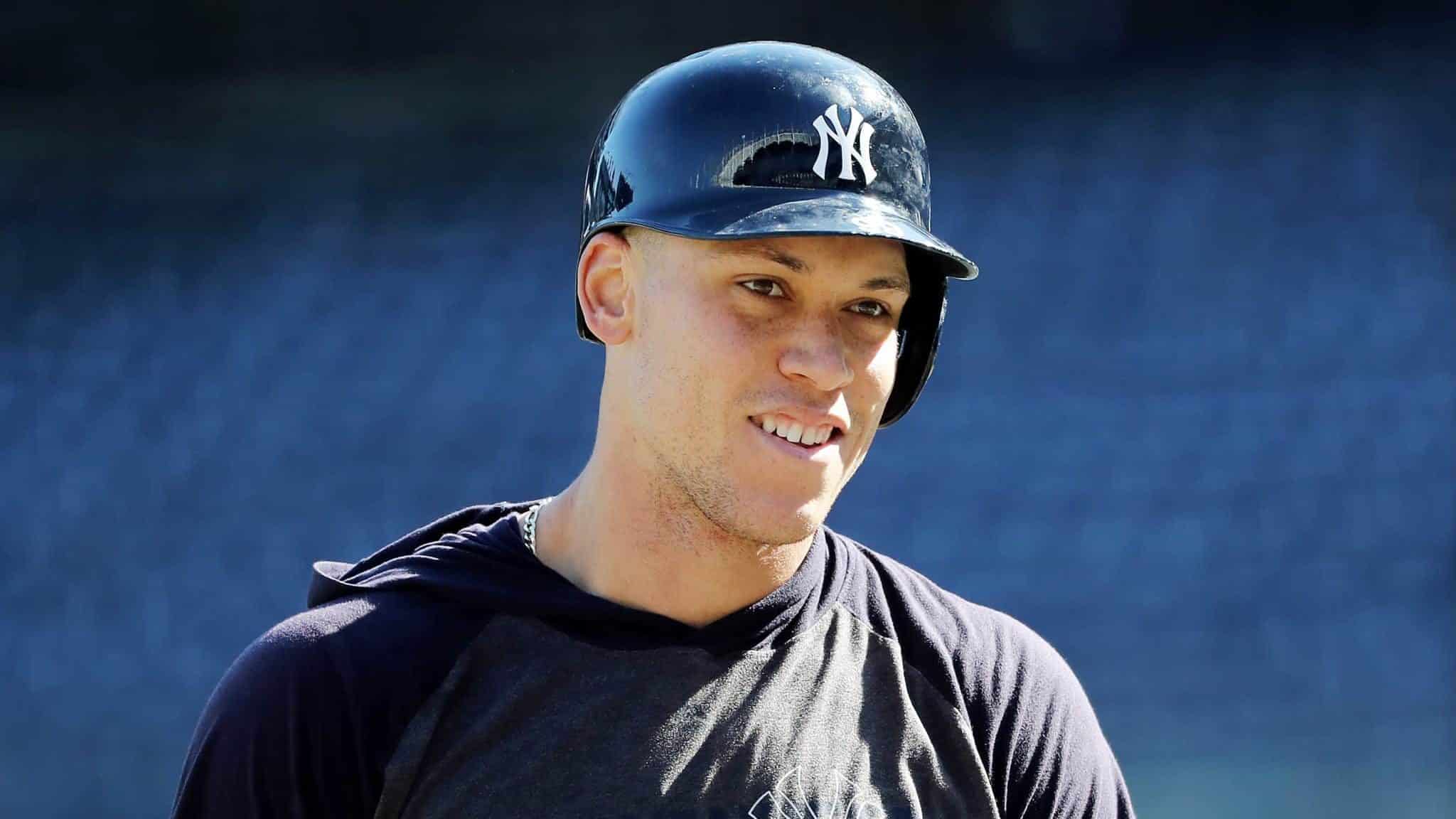 NEW YORK, NEW YORK - OCTOBER 15: Aaron Judge #99 of the New York Yankees looks on during batting practice prior to game three of the American League Championship Series against the Houston Astros at Yankee Stadium on October 15, 2019 in New York City.