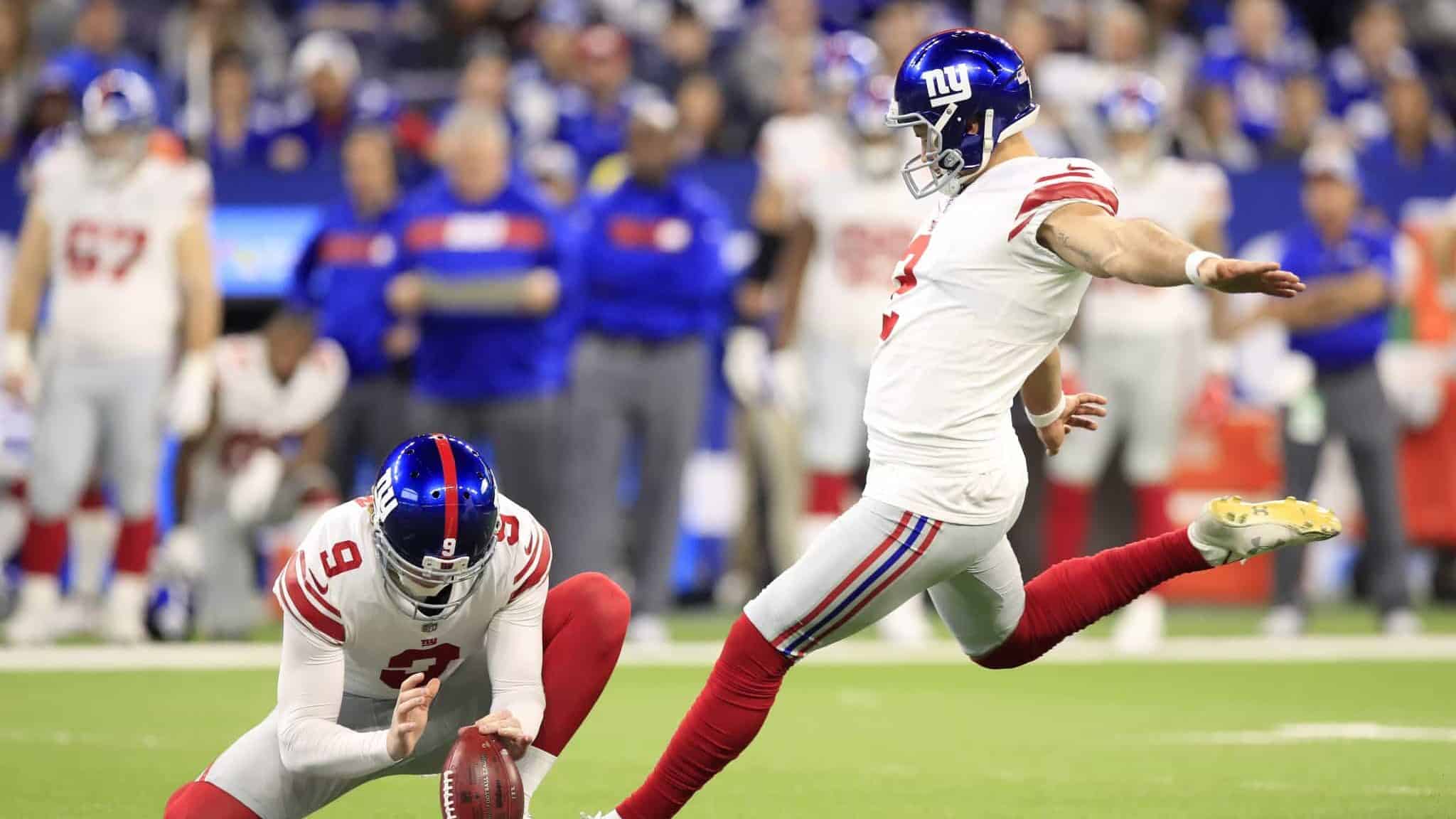 INDIANAPOLIS, INDIANA - DECEMBER 23: Aldrick Rosas #2 of the New York Giants kicks a field goal in the game against the Indianapolis Colts in the second quarter at Lucas Oil Stadium on December 23, 2018 in Indianapolis, Indiana.