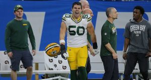 DETROIT, MI - DECEMBER 29: Blake Martinez #50 of the Green Bay Packers reacts after making a fourth quarter interception off the pass from David Blough #10 of the Detroit Lions (not in photo) at Ford Field on December 29, 2019 in Detroit, Michigan. Green Bay defeated Detroit 23-20.