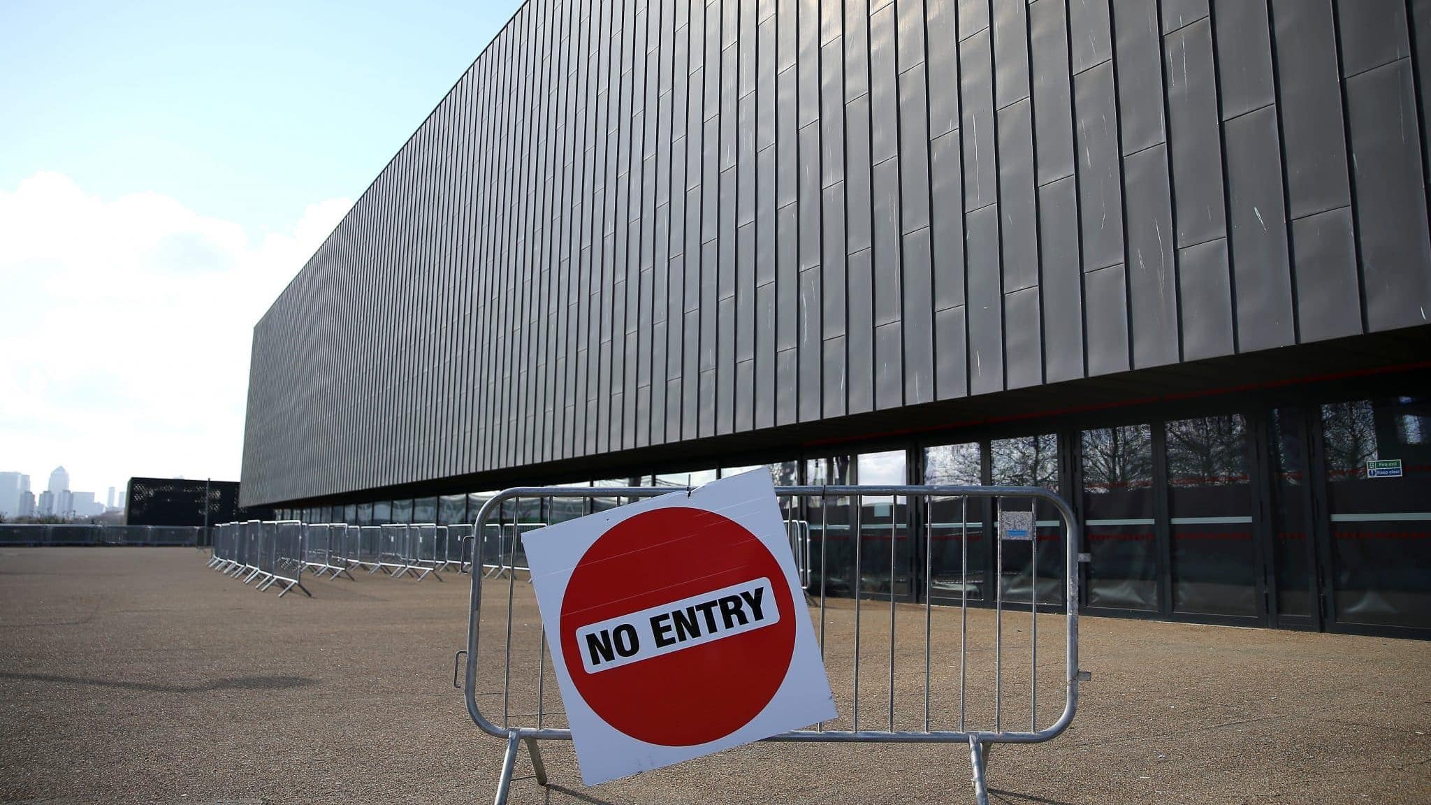 LONDON, ENGLAND - MARCH 16: A No entry sign is seen outside the venue as the event is placed behind closed doors due to the Coronavirus Covid-19 pandemic on Day Three of the Road to Tokyo European Boxing Olympic Qualifying Event at Copper Box Arena on March 16, 2020 in London, England.