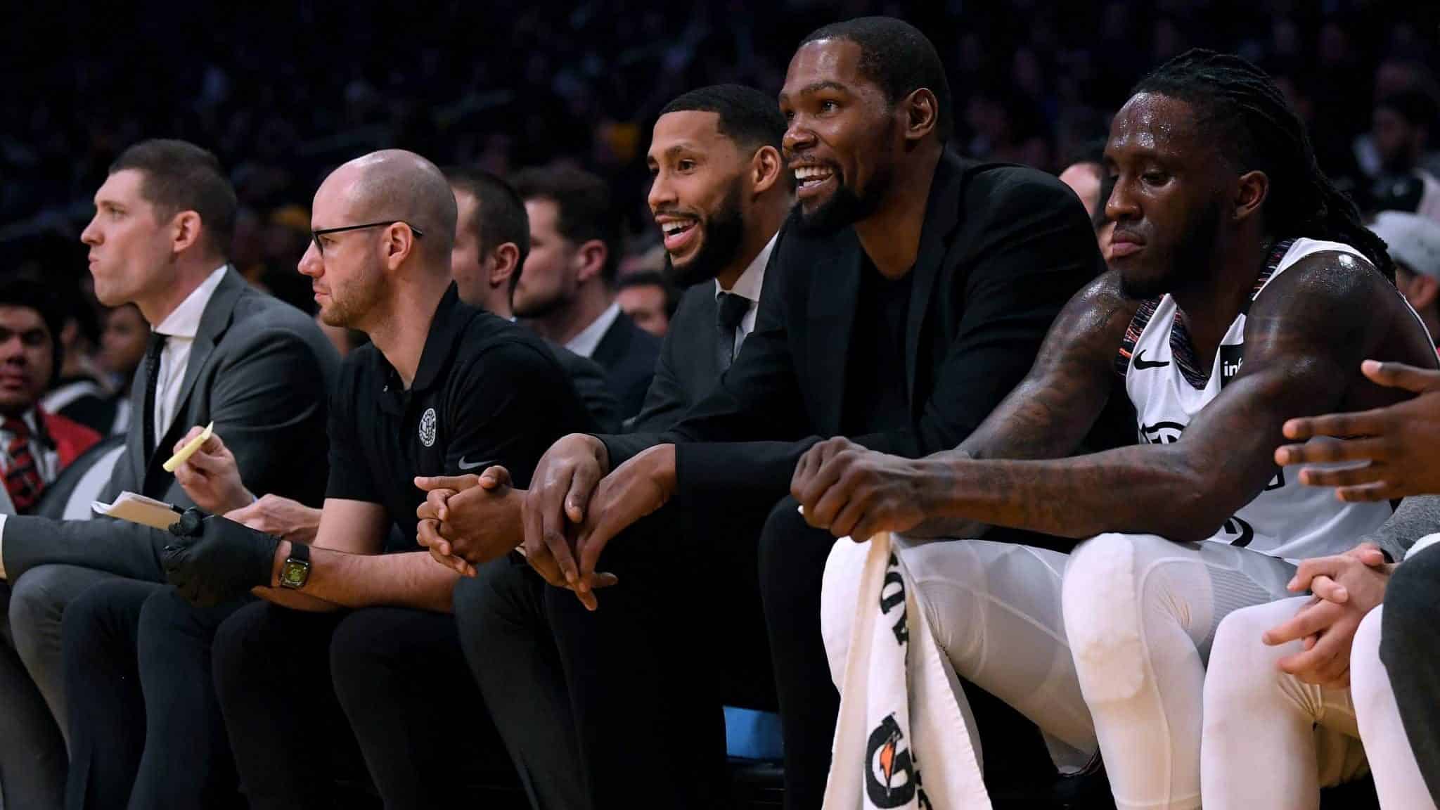 LOS ANGELES, CALIFORNIA - MARCH 10: Kevin Durant #7 of the Brooklyn Nets smiles during the first half against the Los Angeles Lakers at Staples Center on March 10, 2020 in Los Angeles, California.