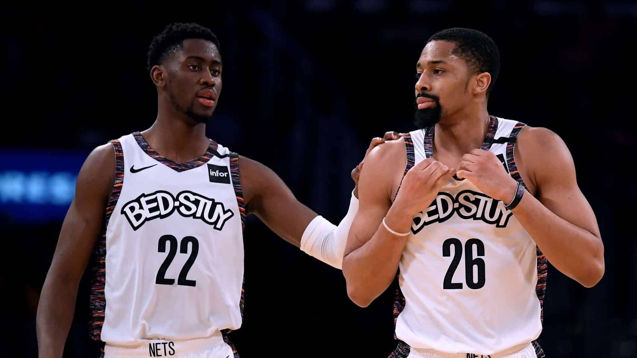 LOS ANGELES, CALIFORNIA - MARCH 10: Spencer Dinwiddie #26 of the Brooklyn Nets reacts to his offensive foul with Caris LeVert #22 during a 104-102 win over the Los Angeles Lakers at Staples Center on March 10, 2020 in Los Angeles, California.