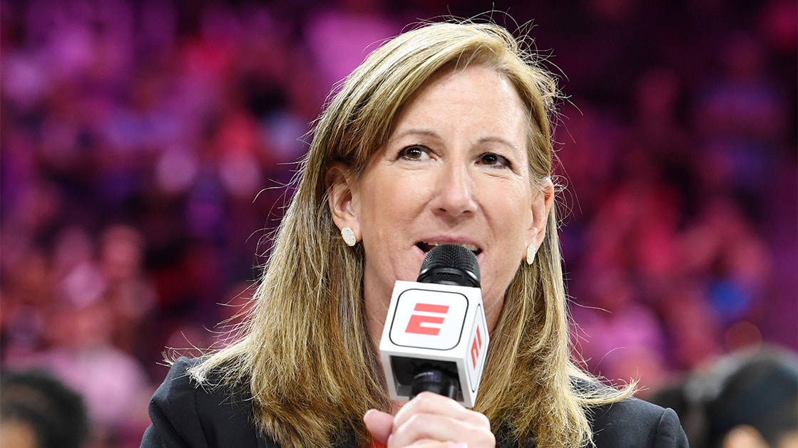 LAS VEGAS, NEVADA - JULY 27: WNBA Commissioner Cathy Engelbert speaks on the court after the WNBA All-Star Game 2019 at the Mandalay Bay Events Center on July 27, 2019 in Las Vegas, Nevada. Team Wilson defeated Team Delle Donne 129-126. NOTE TO USER: User expressly acknowledges and agrees that, by downloading and or using this photograph, User is consenting to the terms and conditions of the Getty Images License Agreement.