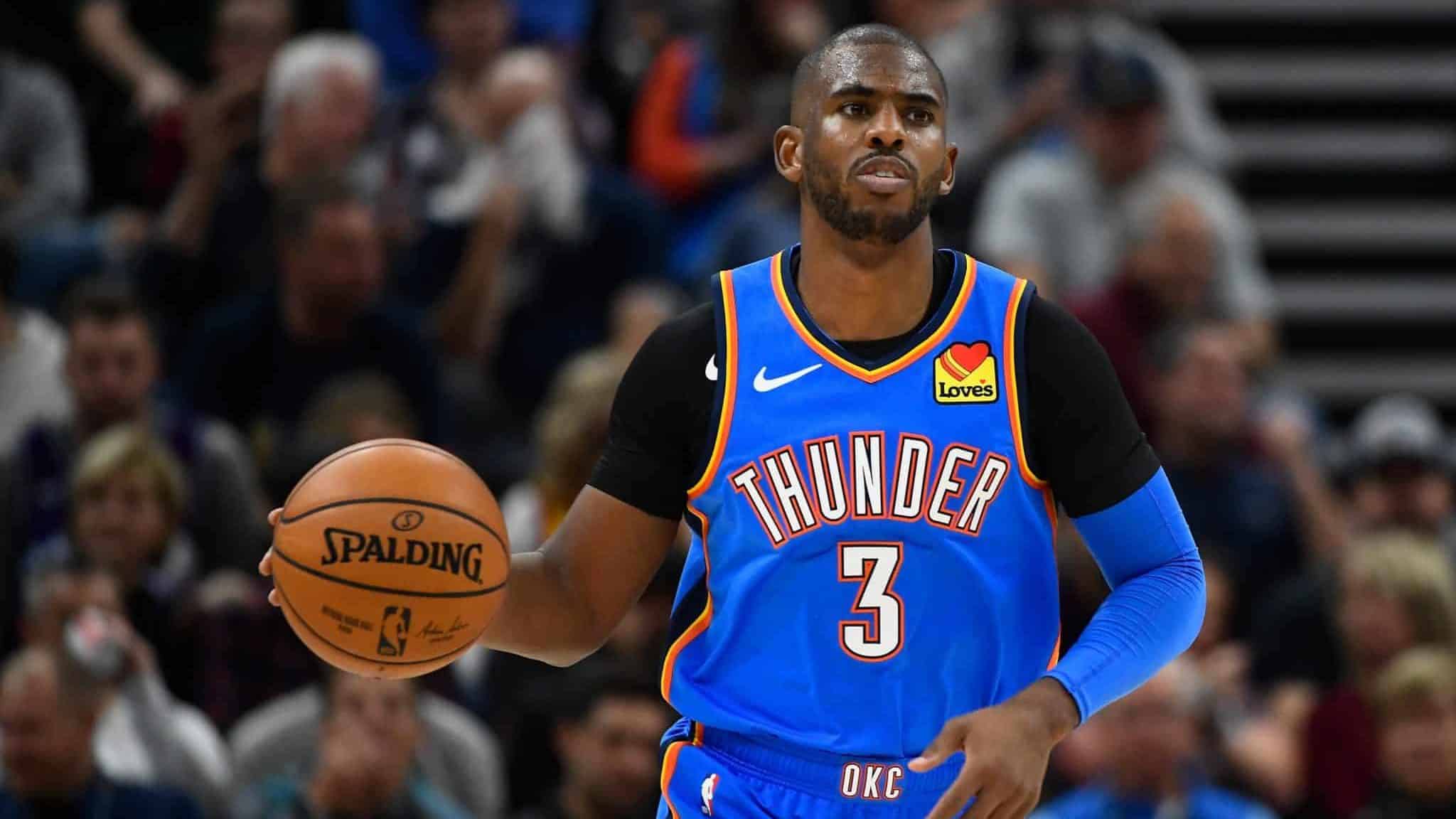 SALT LAKE CITY, UT - OCTOBER 23: Chris Paul #3 of the Oklahoma City Thunder looks on during an opening night game against the Oklahoma City Thunder at Vivint Smart Home Arena on October 23, 2019 in Salt Lake City, Utah. NOTE TO USER: User expressly acknowledges and agrees that, by downloading and or using this photograph, User is consenting to the terms and conditions of the Getty Images License Agreement.