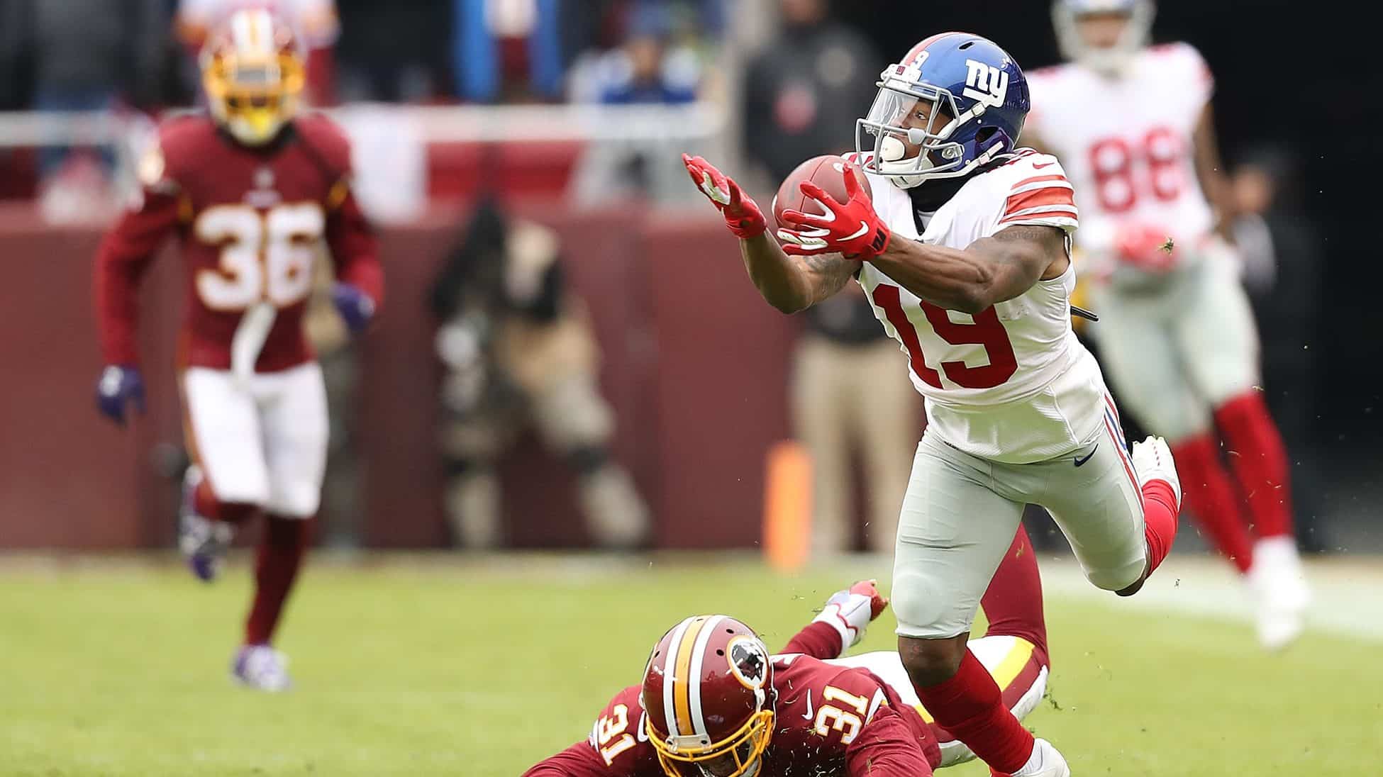 LANDOVER, MD - DECEMBER 09: Wide receiver Corey Coleman #19 of the New York Giants attempts to pull in a catch in the first quarter against the Washington Redskins at FedExField on December 9, 2018 in Landover, Maryland.