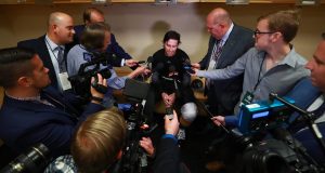 DALLAS, TX - OCTOBER 06: James Neal #18 of the Vegas Golden Knights talks with reporters in the locker room after scoring the first two goals in team history to beat the Dallas Stars 2-1 at American Airlines Center on October 6, 2017 in Dallas, Texas.