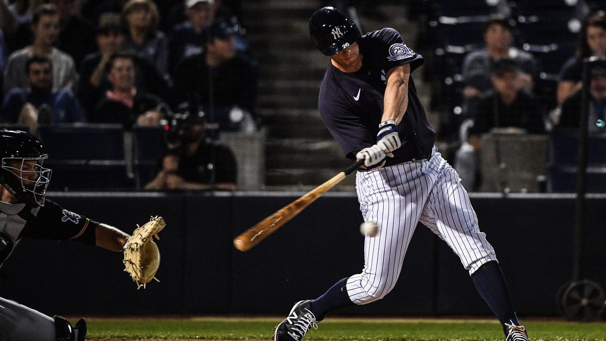 TAMPA, FLORIDA - FEBRUARY 24: DJ LeMahieu #26 of the New York Yankees at bat in the first inning during the spring training game against the Pittsburgh Pirates at Steinbrenner Field on February 24, 2020 in Tampa, Florida.