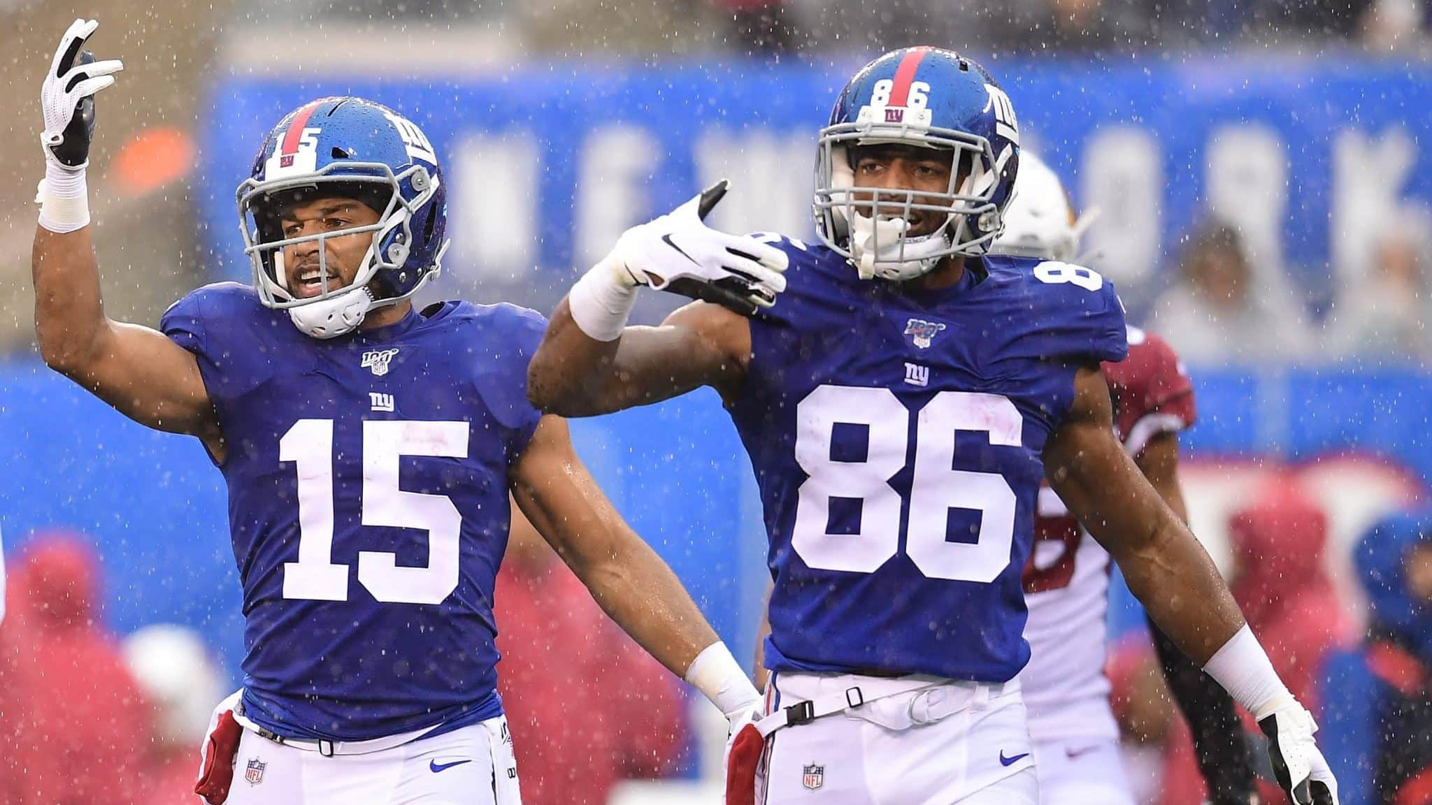EAST RUTHERFORD, NEW JERSEY - OCTOBER 20: Golden Tate #15 and Darius Slayton #86 of the New York Giants react during the second half of their game against the Arizona Cardinals at MetLife Stadium on October 20, 2019 in East Rutherford, New Jersey.