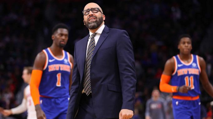 DETROIT, MICHIGAN - NOVEMBER 06: Head coach David Fizdale of the New York Knicks reacts while playing the Detroit Pistons at Little Caesars Arena on November 06, 2019 in Detroit, Michigan. Detroit won the game 122-102. NOTE TO USER: User expressly acknowledges and agrees that, by downloading and/or using this photograph, user is consenting to the terms and conditions of the Getty Images License Agreement.