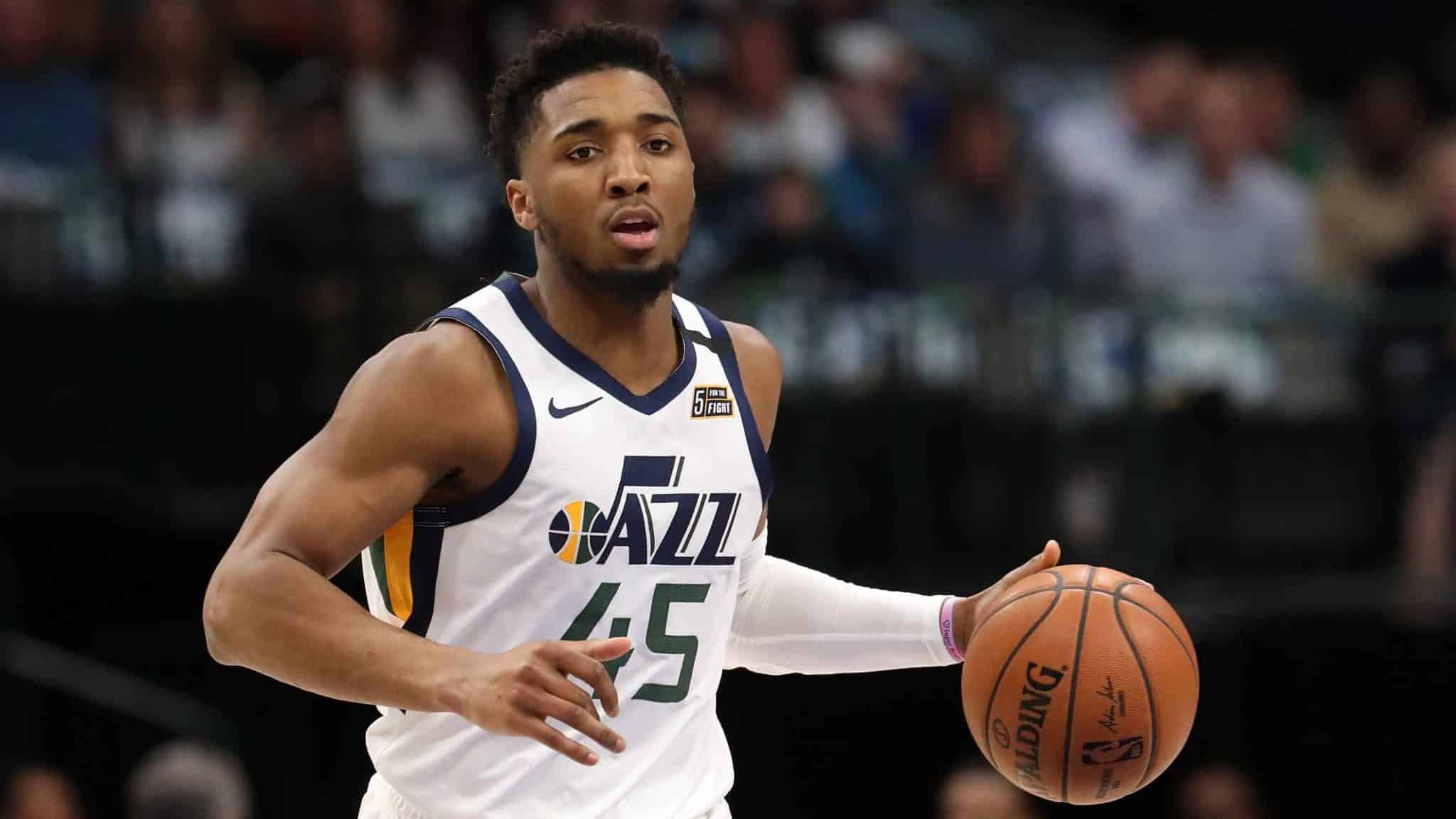 DALLAS, TEXAS - FEBRUARY 10: Donovan Mitchell #45 of the Utah Jazz at American Airlines Center on February 10, 2020 in Dallas, Texas. NOTE TO USER: User expressly acknowledges and agrees that, by downloading and or using this photograph, User is consenting to the terms and conditions of the Getty Images License Agreement.