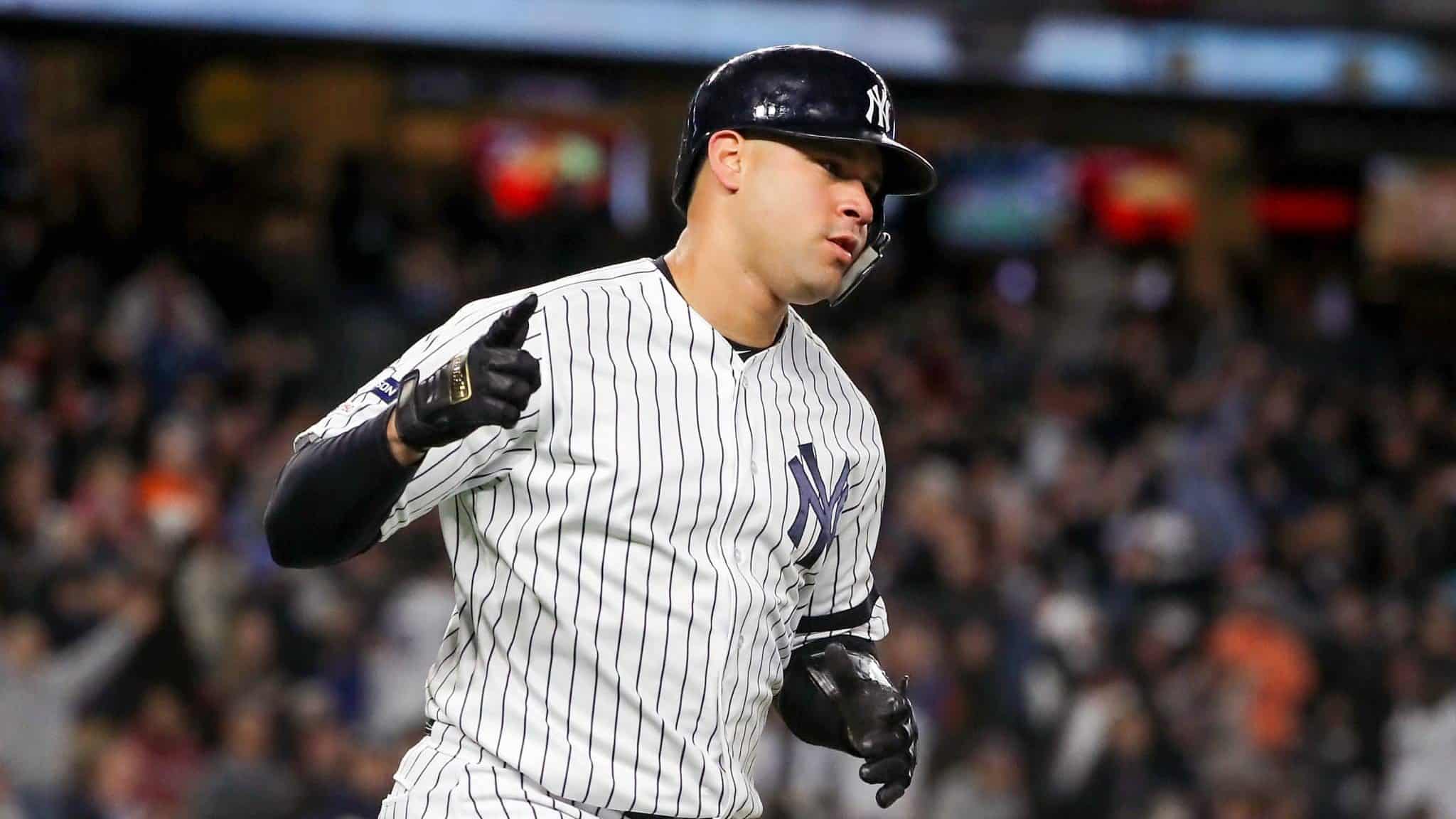 NEW YORK, NEW YORK - OCTOBER 17: Gary Sanchez #24 of the New York Yankees rounds the bases as he hits a two-run home run against the Houston Astros during the sixth inning in game four of the American League Championship Series at Yankee Stadium on October 17, 2019 in New York City.