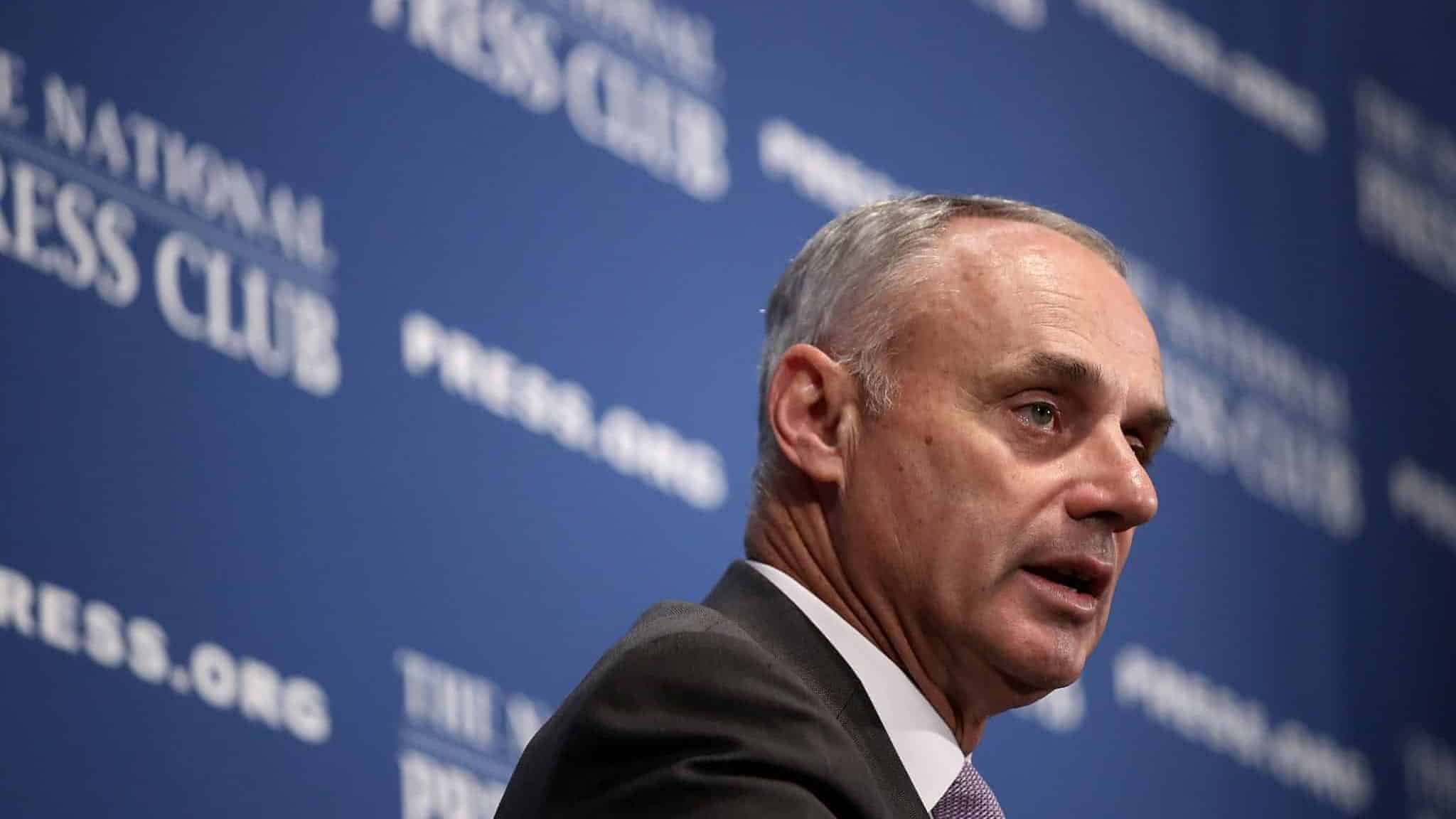 WASHINGTON, DC - JULY 16: Major League Baseball Commissioner Rob Manfred speaks at the National Press Club July 16, 2018 in Washington, DC. The MLB All-Star game will be held tomorrow at Nationals Park.