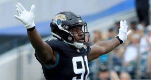 JACKSONVILLE, FLORIDA - DECEMBER 02: Yannick Ngakoue #91 of the Jacksonville Jaguars celebrates a defensive stop during the game against the Indianapolis Colts on December 02, 2018 in Jacksonville, Florida.