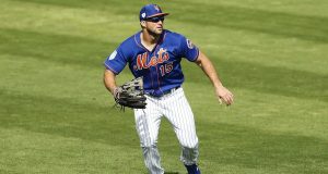 PORT ST. LUCIE, FLORIDA - FEBRUARY 23: Tim Tebow #15 of the New York Mets in action against the Atlanta Braves during the Grapefruit League spring training game at First Data Field on February 23, 2019 in Port St. Lucie, Florida.