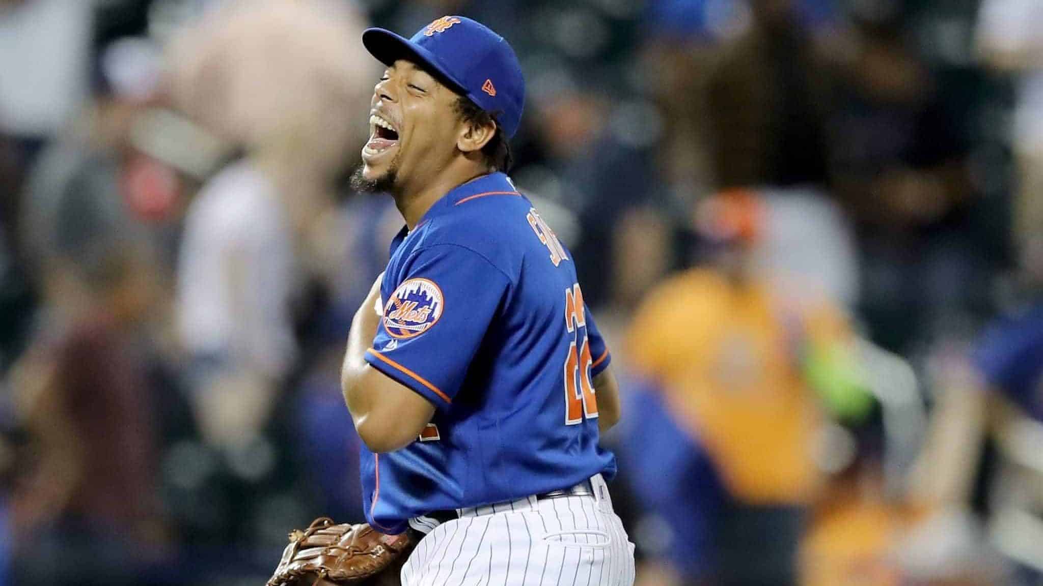 NEW YORK, NEW YORK - MAY 20: Dominic Smith #22 of the New York Mets celebrates the win over the Washington Nationals at Citi Field on May 20, 2019 in the Flushing neighborhood of the Queens borough of New York City.The New York Mets defeated the Washington Nationals 5-3.