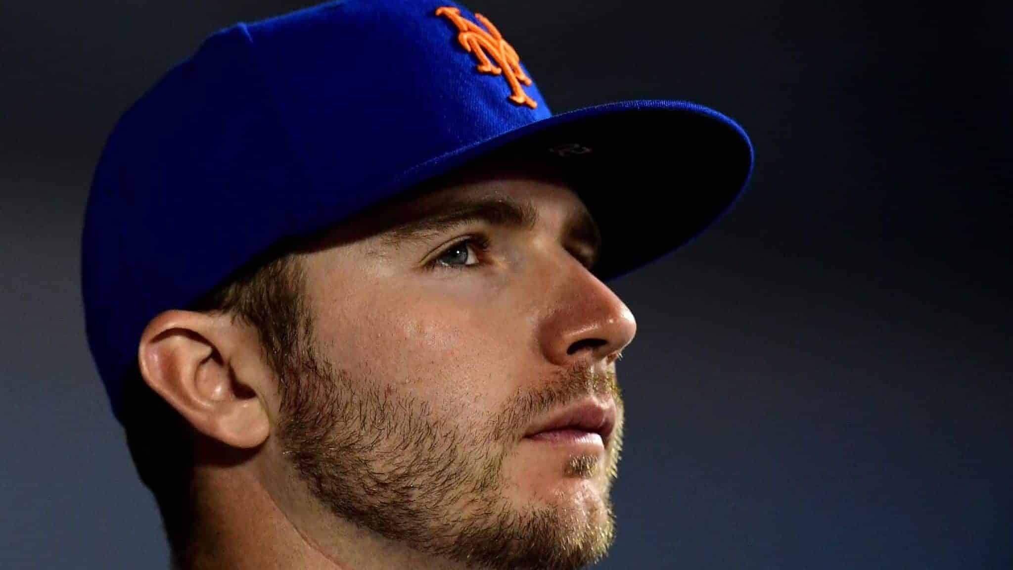 NEW YORK, NEW YORK - SEPTEMBER 25: Pete Alonso #20 of the New York Mets looks on during their game against the Miami Marlins at Citi Field on September 25, 2019 in the Flushing neighborhood of the Queens borough in New York City.