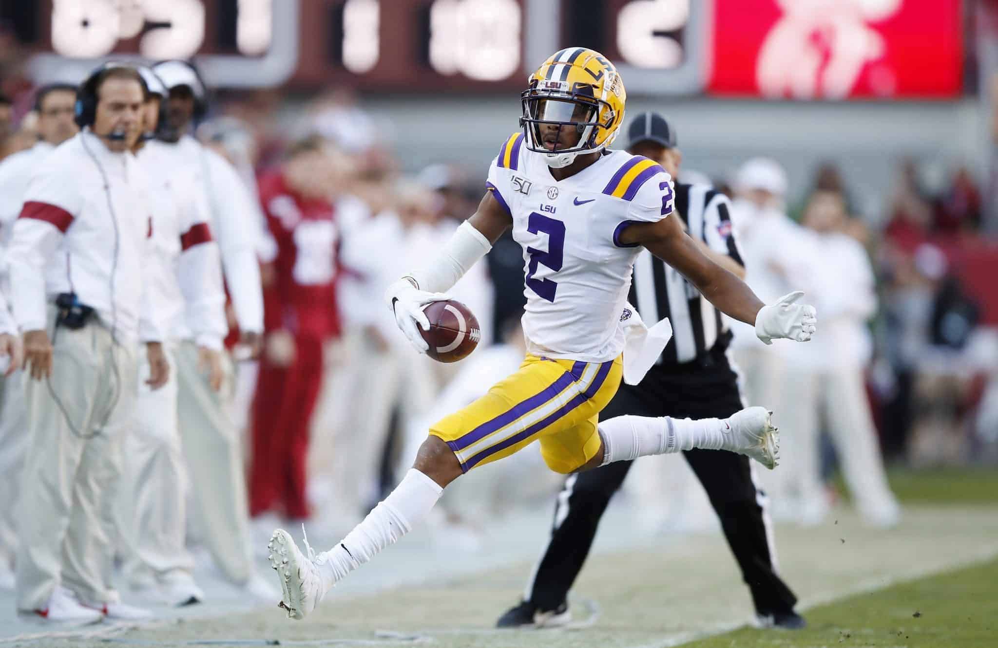 TUSCALOOSA, ALABAMA - NOVEMBER 09: Justin Jefferson #2 of the LSU Tigers goes out of bounds during the first half against the Alabama Crimson Tide in the game at Bryant-Denny Stadium on November 09, 2019 in Tuscaloosa, Alabama. New York Jets