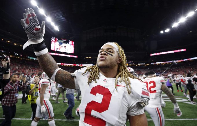 INDIANAPOLIS, IN - DECEMBER 07: NFL Drat prospect Chase Young #2 of the Ohio State Buckeyes celebrates after the win against the Wisconsin Badgers in the Big Ten Football Championship at Lucas Oil Stadium on December 7, 2019 in Indianapolis, Indiana. Ohio State defeated Wisconsin 34-21.
