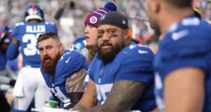 EAST RUTHERFORD, NEW JERSEY - DECEMBER 15: Mike Remmers #74 of the New York Giants looks on against the Miami Dolphins during their game at MetLife Stadium on December 15, 2019 in East Rutherford, New Jersey.