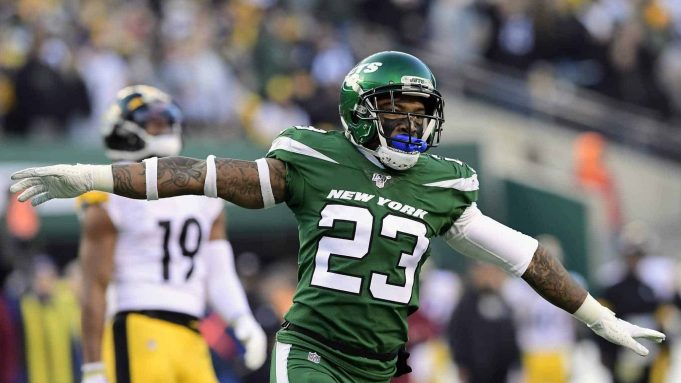 EAST RUTHERFORD, NEW JERSEY - DECEMBER 22: Arthur Maulet #23 of the New York Jets celebrates a turnover on downs as they defeat the Pittsburgh Steelers 16-10 at MetLife Stadium on December 22, 2019 in East Rutherford, New Jersey.