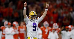 NEW ORLEANS, LOUISIANA - JANUARY 13: Joe Burrow #9 of the LSU Tigers reacts to a touchdown against Clemson Tigers during the third quarter in the College Football Playoff National Championship game at Mercedes Benz Superdome on January 13, 2020 in New Orleans, Louisiana. NFL Draft