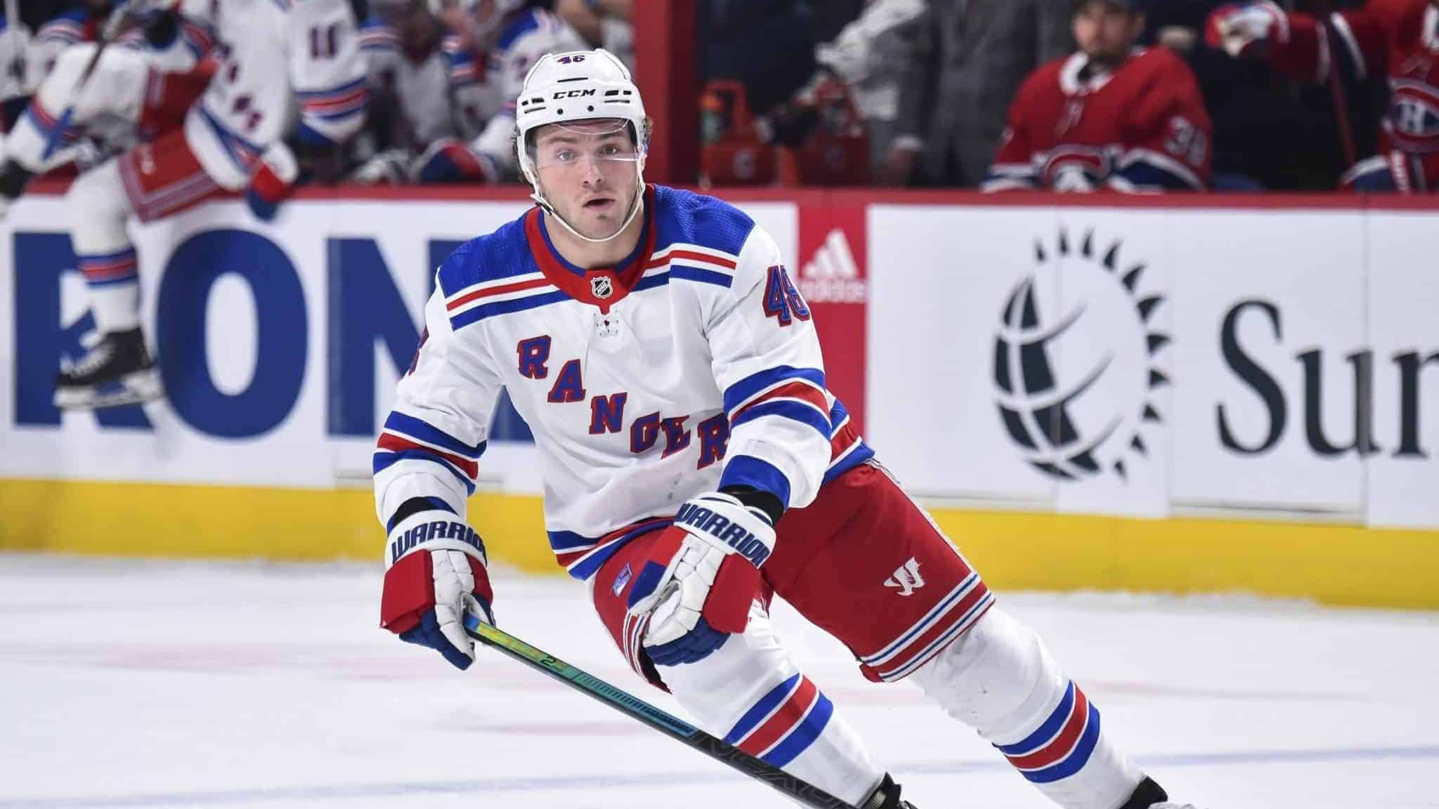 MONTREAL, QC - FEBRUARY 27: Brendan Lemieux #48 of the New York Rangers skates against the Montreal Canadiens during the first period at the Bell Centre on February 27, 2020 in Montreal, Canada. The New York Rangers defeated the Montreal Canadiens 5-2.