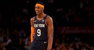 NEW YORK, NEW YORK - FEBRUARY 29: RJ Barrett #9 of the New York Knicks smiles as the clock runs out in the fourth quarter against the Chicago Bulls at Madison Square Garden on February 29, 2020 in New York City.The New York Knicks defeated the Chicago Bulls 125-115.NOTE TO USER: User expressly acknowledges and agrees that, by downloading and or using this photograph, User is consenting to the terms and conditions of the Getty Images License Agreement.
