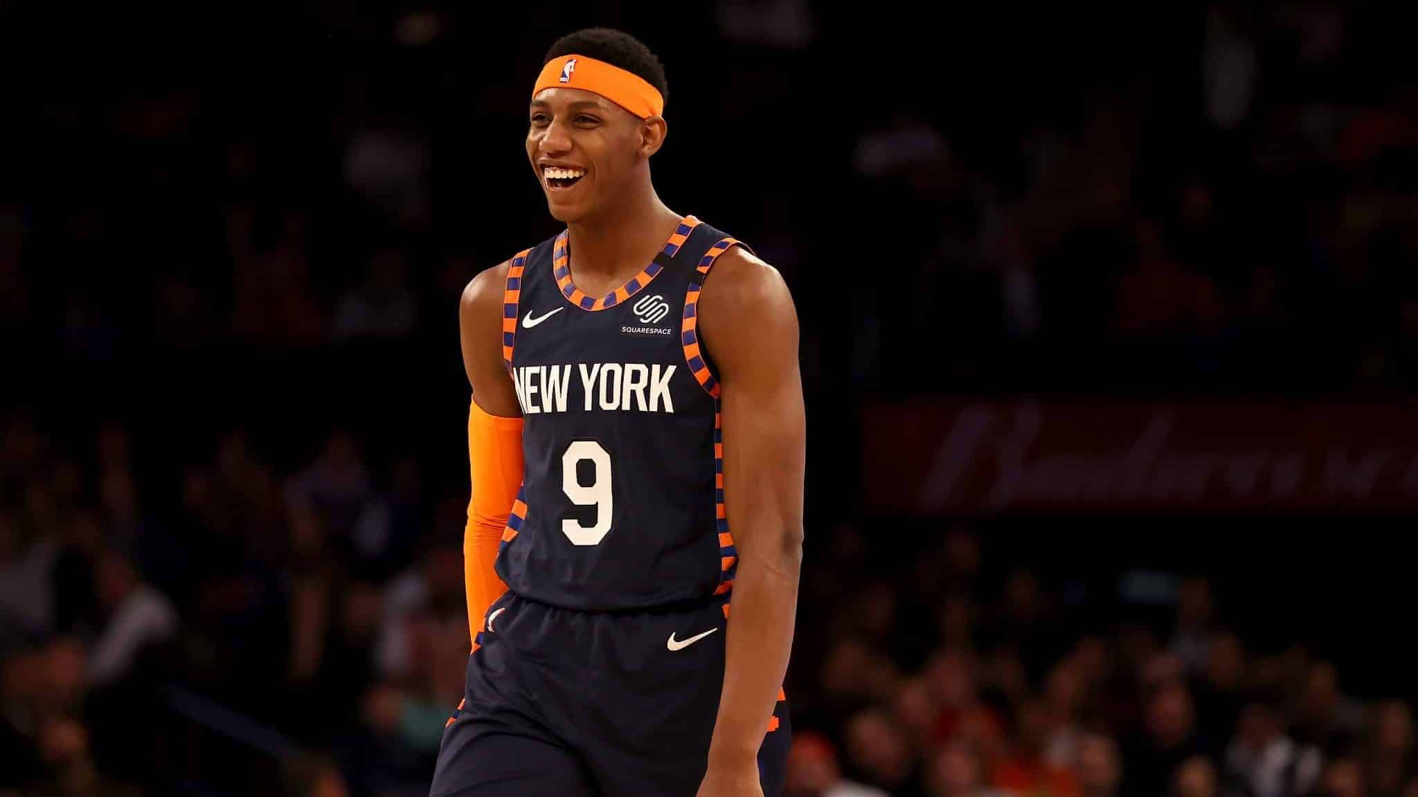 NEW YORK, NEW YORK - FEBRUARY 29: RJ Barrett #9 of the New York Knicks smiles as the clock runs out in the fourth quarter against the Chicago Bulls at Madison Square Garden on February 29, 2020 in New York City.The New York Knicks defeated the Chicago Bulls 125-115.NOTE TO USER: User expressly acknowledges and agrees that, by downloading and or using this photograph, User is consenting to the terms and conditions of the Getty Images License Agreement.