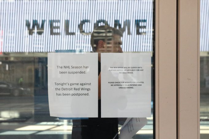 WASHINGTON, DC - MARCH 12: Signs outside read that the NHL Season has been suspended after the Detroit Red Wings against the Washington Capitals game was postponed due to the coronavirus at Capital One Arena on March 12, 2020 in Washington, DC. Today the NHL announced is has suspended their season due to the uncertainty of the coronavirus (COVID-19) with hopes of returning. The NHL currently joins the NBA, MLS, as well as, other sporting events and leagues around the world suspending play because of the coronavirus outbreak.