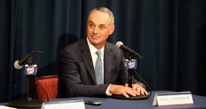 WASHINGTON, DC - JULY 26: Commissioner of MLB Robert D. Manfred Jr. speaks during the unveiling of the 2018 All-Star Game logo at Nationals Park on July 26, 2017 in Washington, DC.