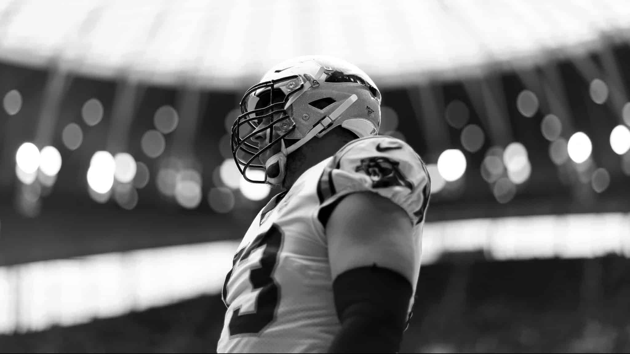 LONDON, ENGLAND - OCTOBER 13: (EDITORS NOTE - This image has been converted to black and white) Greg Van Roten of Carolina Panthers looks on during the NFL game between Carolina Panthers and Tampa Bay Buccaneers at Tottenham Hotspur Stadium on October 13, 2019 in London, England.