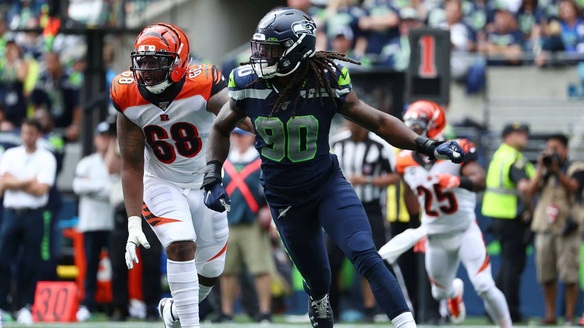 SEATTLE, WASHINGTON - SEPTEMBER 08: Jadeveon Clowney #90 of the Seattle Seahawks in action in the second quarter against the Cincinnati Bengals during their game at CenturyLink Field on September 08, 2019 in Seattle, Washington.