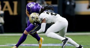 NEW ORLEANS, LOUISIANA - JANUARY 05: Janoris Jenkins #20 of the New Orleans Saints forces a fumble on Adam Thielen #19 of the Minnesota Vikings in the NFC Wild Card Playoff game at Mercedes Benz Superdome on January 05, 2020 in New Orleans, Louisiana.
