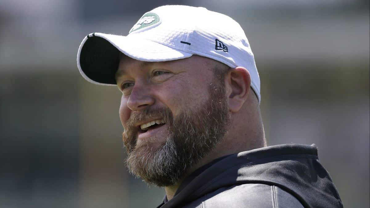 New York Jets general manager Joe Douglas smiles during a practice at the team's training facility in Florham Park, N.J., Tuesday, June 11, 2019.