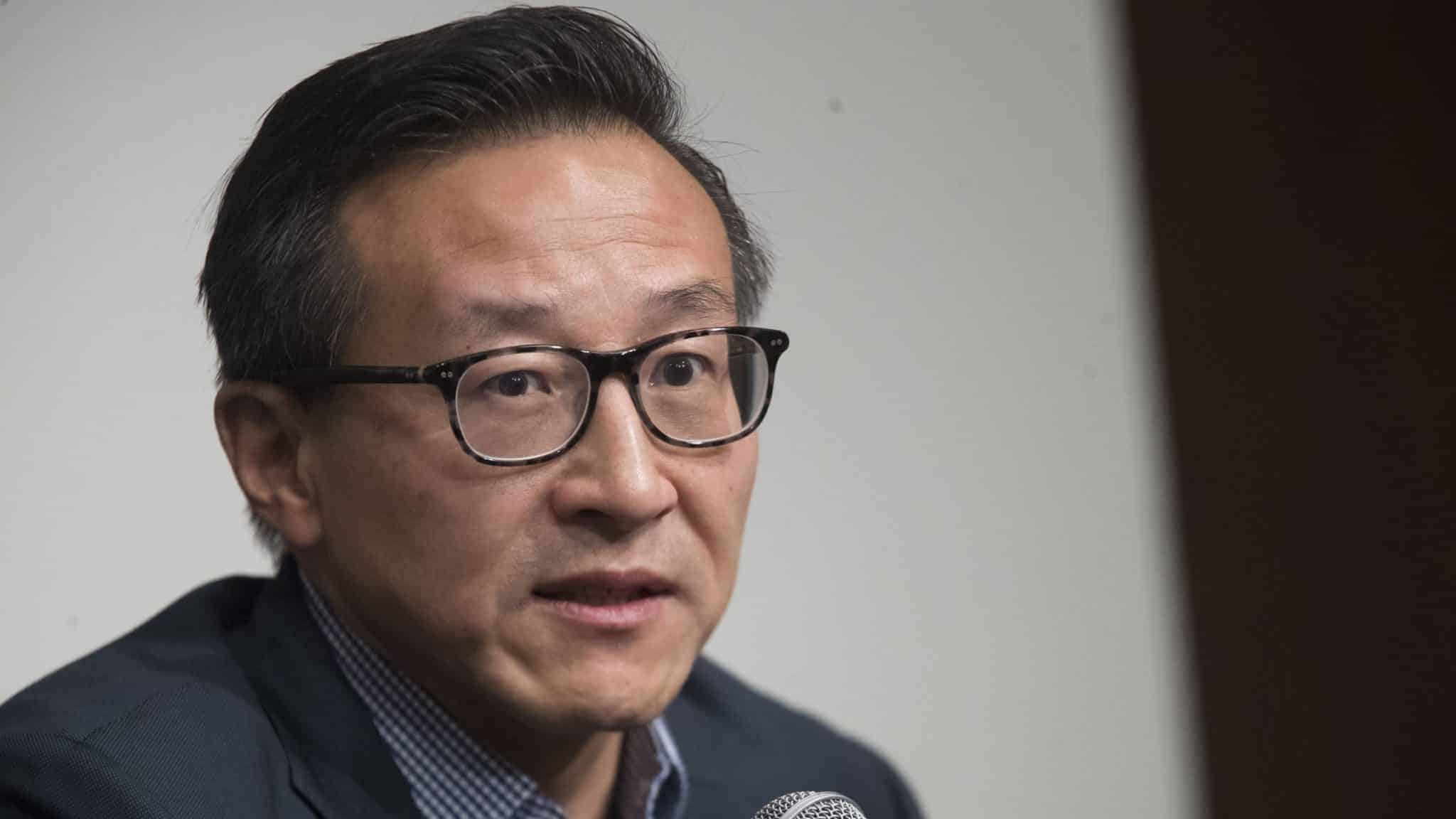 Joe Tsai, co-founder and executive vice chairman of Alibaba Group and the new owner of the New York Liberty, speaks to reporters during a news conference before a WNBA exhibition basketball game between the New York Liberty and China, Thursday, May 9, 2019 in New York. Tsai saw the team's exhibition game against the Chinese national team Thursday night as a chance to grow relations between the two countries.