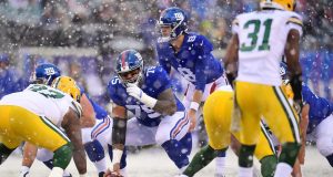 EAST RUTHERFORD, NEW JERSEY - DECEMBER 01: Jon Halapio #75 of the New York Giants prepares to snap the ball during the first half of their game against the Green Bay Packers at MetLife Stadium on December 01, 2019 in East Rutherford, New Jersey.