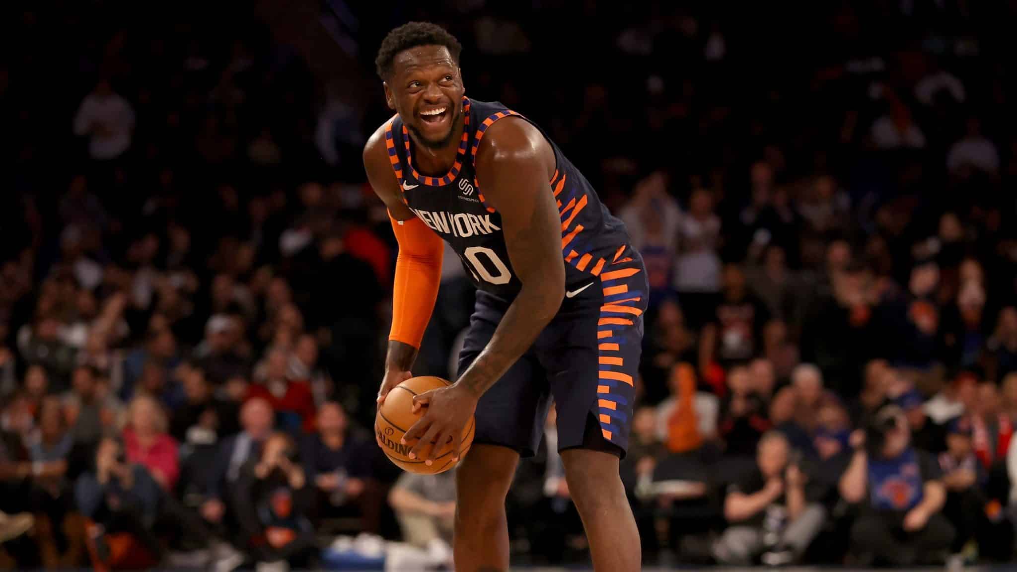NEW YORK, NEW YORK - FEBRUARY 29: Julius Randle #30 of the New York Knicks smiles as he runs out the clock in the final minute of the game against the Chicago Bulls at Madison Square Garden on February 29, 2020 in New York City.The New York Knicks defeated the Chicago Bulls 125-115.NOTE TO USER: User expressly acknowledges and agrees that, by downloading and or using this photograph, User is consenting to the terms and conditions of the Getty Images License Agreement.