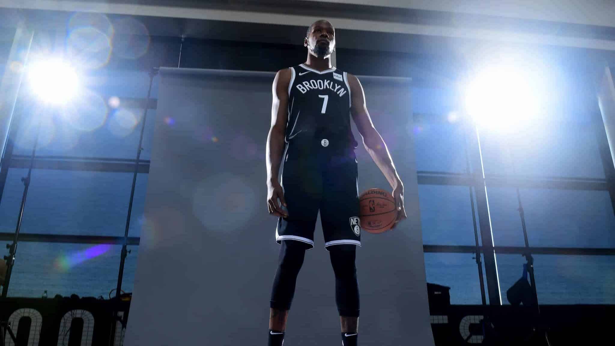 NEW YORK, NEW YORK - SEPTEMBER 27: Kevin Durant #7 of the Brooklyn Nets poses for a photograph during Media Day at HSS Training Center on September 27, 2019 in the Brooklyn borough of New York City. NOTE TO USER: User expressly acknowledges and agrees that, by downloading and or using this photograph, User is consenting to the terms and conditions of the Getty Images License Agreement.