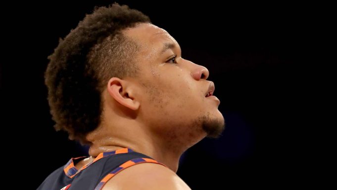 NEW YORK, NEW YORK - FEBRUARY 29: Kevin Knox II #20 of the New York Knicks looks on during a free throw in the first half against the Chicago Bulls at Madison Square Garden on February 29, 2020 in New York City.NOTE TO USER: User expressly acknowledges and agrees that, by downloading and or using this photograph, User is consenting to the terms and conditions of the Getty Images License Agreement.