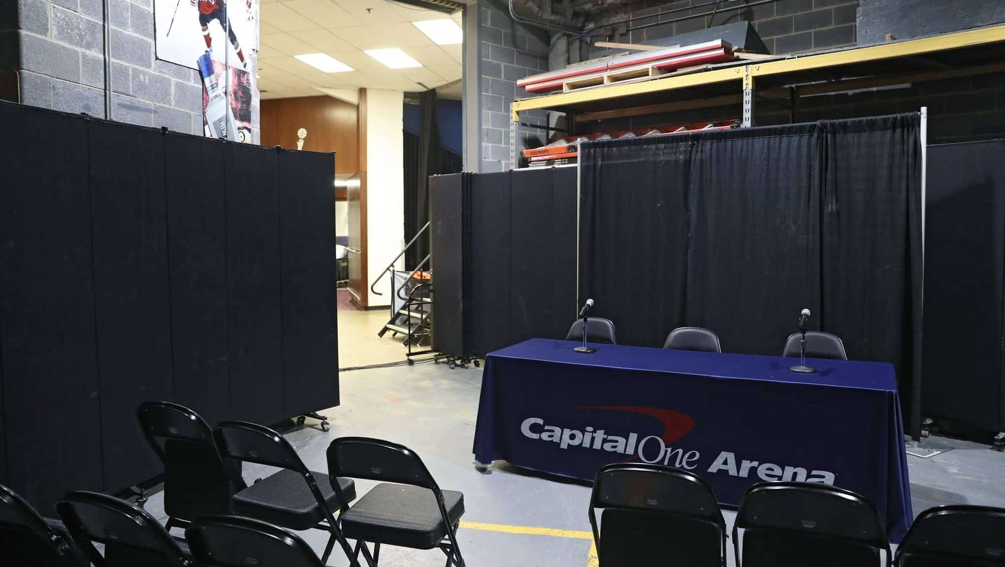 WASHINGTON, DC - MARCH 10: A general view of a new post-game interview area prior to the New York Knicks playing the Washington Wizards at Capital One Arena on March 10, 2020 in Washington, DC. According to the NBA, the league has banned nonessential team personnel from the locker room, including media, because of the coronavirus. NOTE TO USER: User expressly acknowledges and agrees that, by downloading and or using this photograph, User is consenting to the terms and conditions of the Getty Images License Agreement.