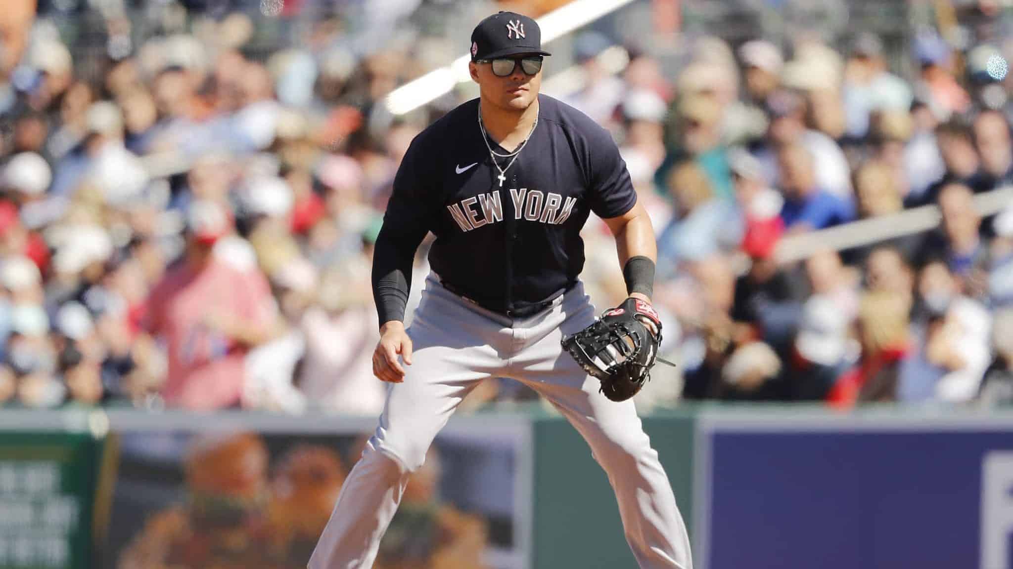 FORT MYERS, FLORIDA - FEBRUARY 29: Luke Voit #59 of the New York Yankees in action against the Boston Red Sox of a Grapefruit League spring training game at JetBlue Park at Fenway South on February 29, 2020 in Fort Myers, Florida.