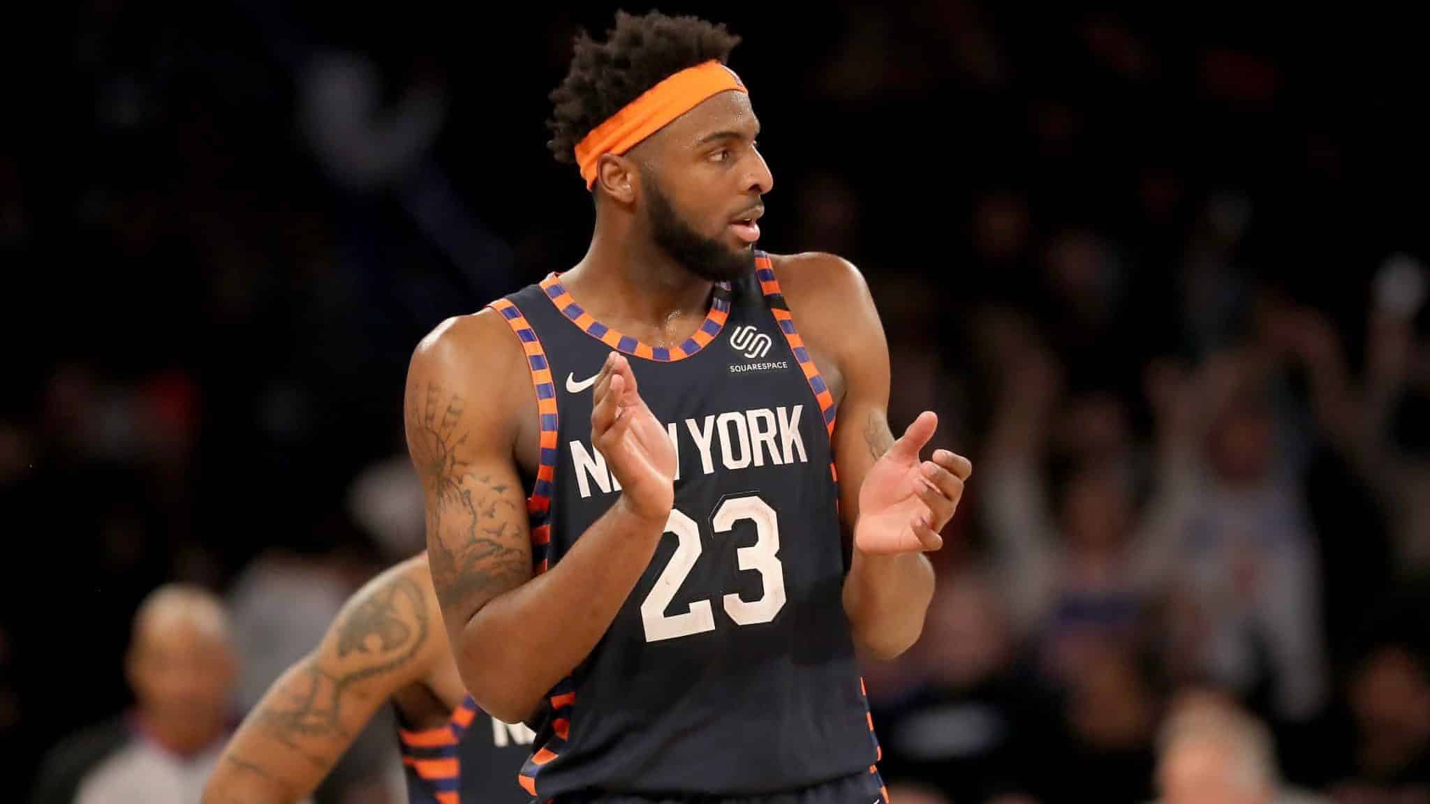 NEW YORK, NEW YORK - FEBRUARY 29: Mitchell Robinson #23 of the New York Knicks celebrates as the game ends against the Chicago Bulls at Madison Square Garden on February 29, 2020 in New York City.The New York Knicks defeated the Chicago Bulls 125-115.NOTE TO USER: User expressly acknowledges and agrees that, by downloading and or using this photograph, User is consenting to the terms and conditions of the Getty Images License Agreement.