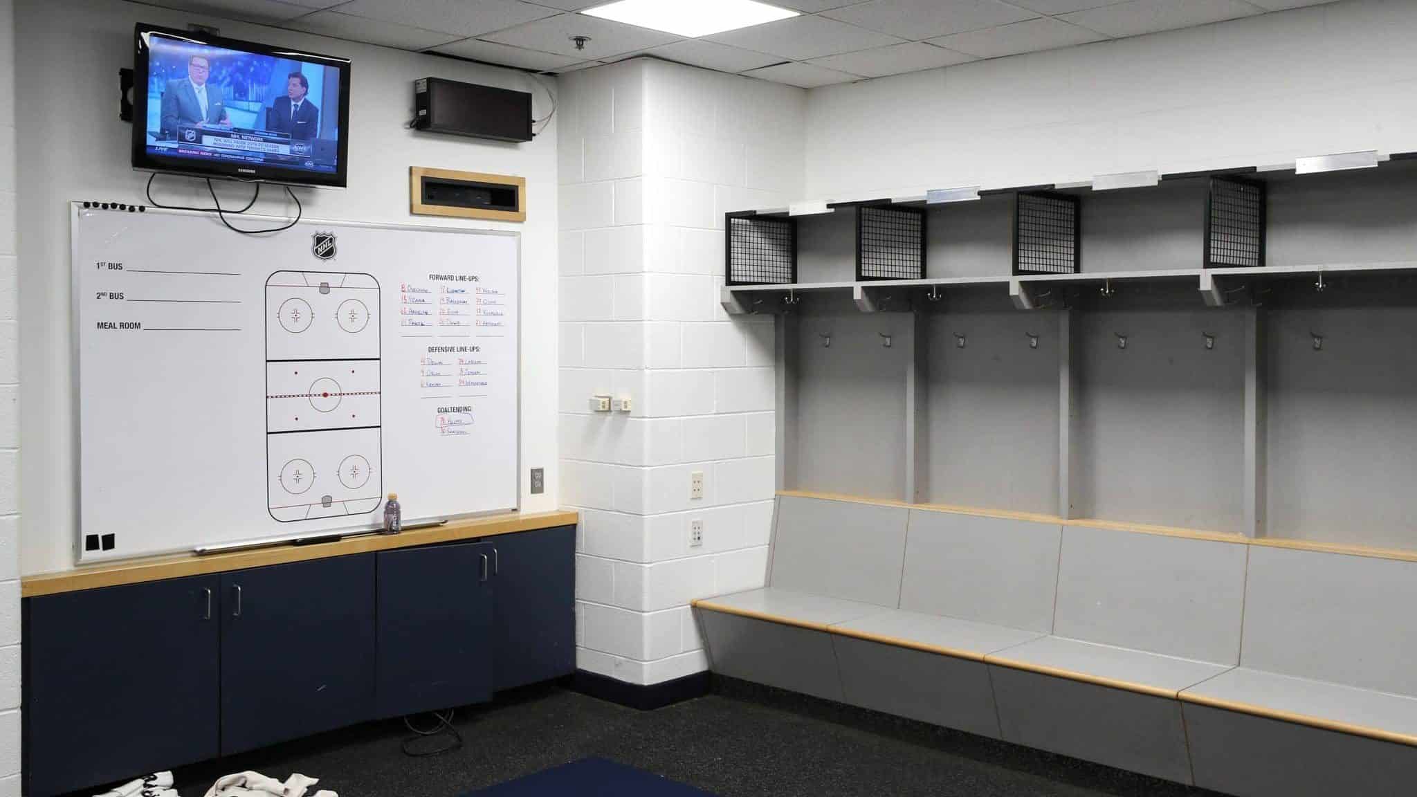 WASHINGTON, DC - MARCH 12: The visitors locker-room is empty after the Detroit Red Wings against the Washington Capitals game was postponed due to the coronavirus at Capital One Arena on March 12, 2020 in Washington, DC. Today the NHL announced is has suspended their season due to the uncertainty of the coronavirus (COVID-19) with hopes of returning. The NHL currently joins the NBA, MLS, as well as, other sporting events and leagues around the world suspending play because of the coronavirus outbreak.