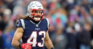 FOXBOROUGH, MASSACHUSETTS - DECEMBER 29: Nate Ebner #43 of the New England Patriots looks on during the game against the Miami Dolphins at Gillette Stadium on December 29, 2019 in Foxborough, Massachusetts.